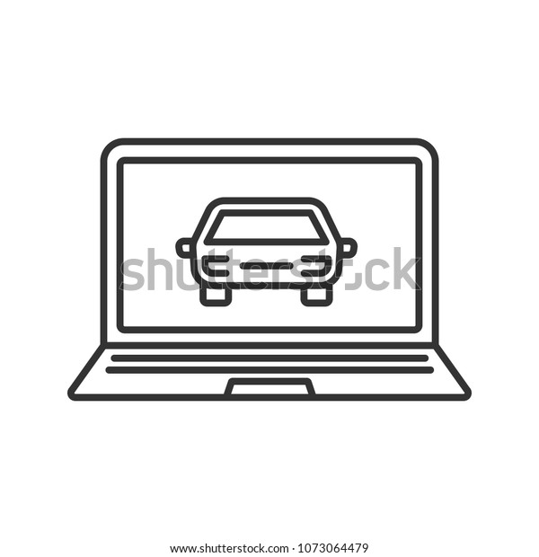 Laptop with car\
linear icon. Thin line illustration. Taxi website. Contour symbol.\
Raster isolated outline\
drawing