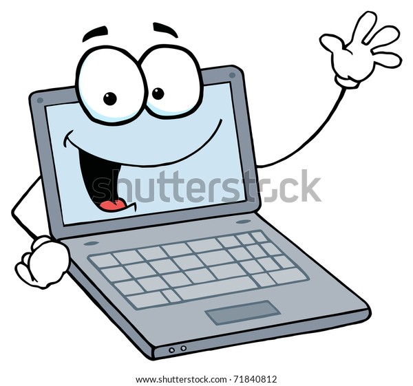 Laptop Cartoon Character Waving A Greeting