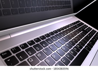 Laptop close-up image, keyboard, reflection,3D illustration