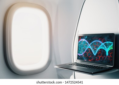 Laptop closeup inside airplane with DNA network on screen. Online education concept. 3d rendering. - Powered by Shutterstock