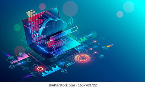 Laptop With Code On Screen Hanging Over Icons Programming App, Software Development, Web Coding. Isometric Conceptual Illustration About Collaboration Work Via Internet Or Cloud Storage. Remote Work.