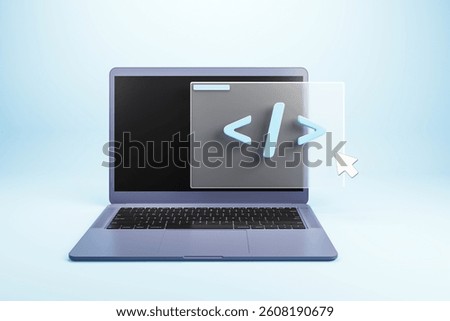 Laptop with code symbol and cursor on screen, minimal 3D rendering style, on light blue background. Concept of technology and programming