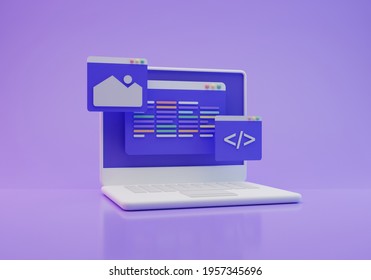 Laptop And Coding Screen Illustration, 3d Rendering Images