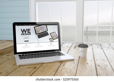 laptop with coffee showing responsive design website on screen near the window. 3d Rendering.