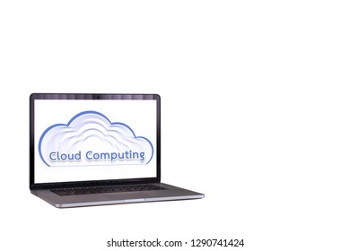 Laptop computer with Cloud computing on screen on white background isolated