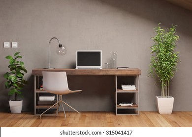 Laptop Computer With Empty Black Monitor On A Desk In Office (3D Rendering)