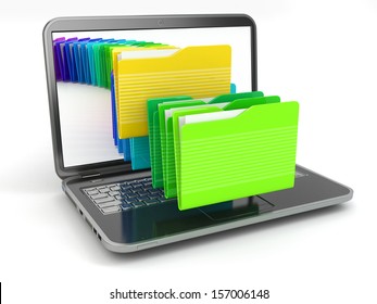 Laptop And Computer Files  In  Folders On White Isolated Background. 3d