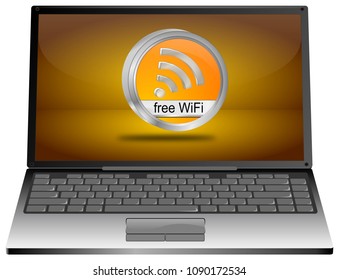 Laptop Computer with free WiFi button - 3D illustration