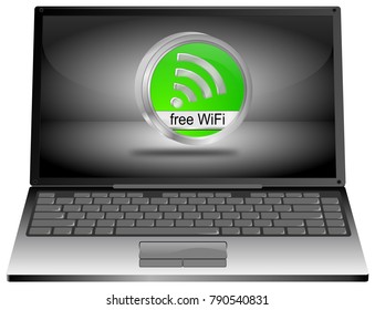 Laptop Computer with free WiFi button - 3D illustration