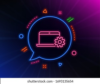 Laptop computer icon. Neon laser lights. Notebook Service sign. Portable personal computer symbol. Glow laser speech bubble. Neon lights chat bubble. Banner badge with notebook Service icon.