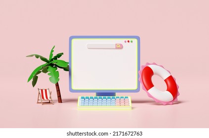 Laptop Computer Monitor 3d With Blank Search Bar, Palm Tree, Lifebuoy, Beach Chair, Isolated On Pink Background. Hotel Room Reservation, Template Concept, 3d Render Illustration 