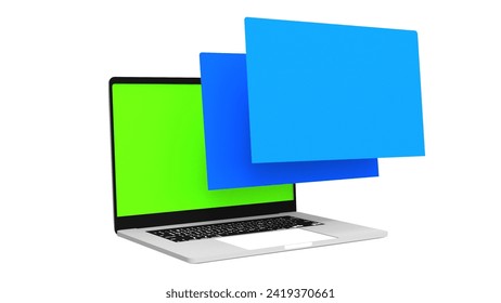 laptop computer notebook device with blank blue screen display isolated 3d realistic render