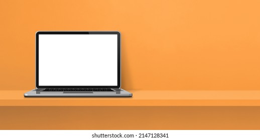 Laptop Computer On Orange Shelf Background Banner. 3D Illustration