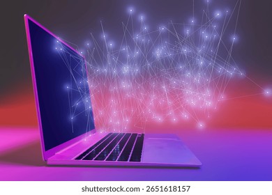 A laptop computer with a purple screen and a purple background. The screen is lit up with a bright blue light