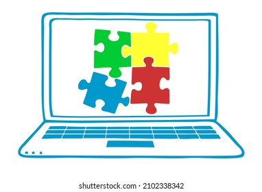 Laptop Computer Screen Icon Showing Puzzle Game as a game and solution concept