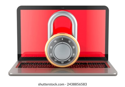 Laptop computer with security padlock with rotating digit combination, 3D rendering isolated on white background