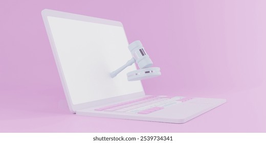 Laptop computer and wood hammer pastel on background, professional Business concept, benefit management, legal service, Cyber ​​Law, digital legal service, Labor law, tax online platform, 3D rendering - Powered by Shutterstock