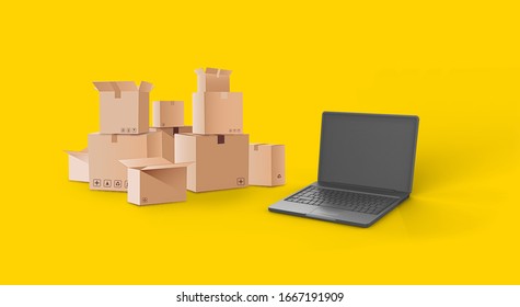 Laptop computer at workplace of start up, small business owner. cardboard parcel box of product for deliver to customer. Online selling, e-commerce, packing concept,  3d illustration - Powered by Shutterstock