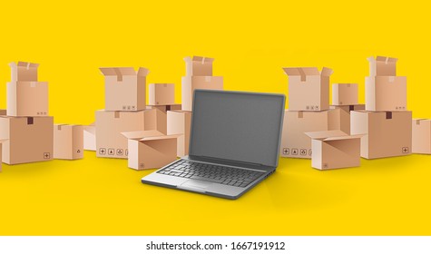 Laptop computer at workplace of start up, small business owner. cardboard parcel box of product for deliver to customer. Online selling, e-commerce, packing concept,  3d illustration - Powered by Shutterstock