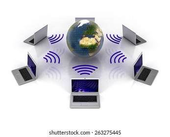 Laptop Computers Connected. Global Network Connectivity Concept with Six Computers in Wireless Network and Planet Earth in the Middle. 3D illustration at White Background