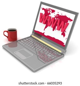Laptop and a cup on a white background