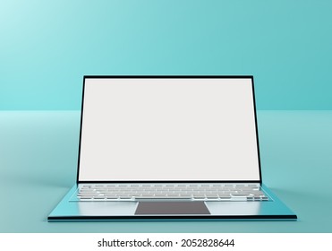 Laptop Design. Laptop Front View. Minimalistic Laptop On A Turquoise Background. Computer With Simple Design Silver Notebook With White Screen. Notebook For Software Demonstration. 3d Visualization