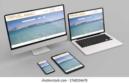 Laptop, desktop computer ,mobile and tablet 3d rendering travel agency website mockup .3d illustration