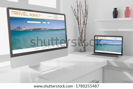 Laptop, desktop computer ,mobile and tablet 3d rendering travel agency website mockup .3d illustration