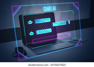 Laptop displaying chatbot interface with neon outlines on a dark background, concept of AI communication. 3D Rendering