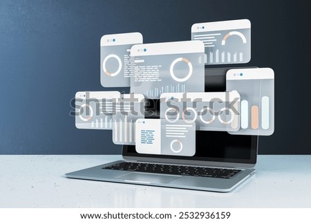 A laptop displaying various analytical data graphics. Modern design on a clean surface. Concept of financial analysis. 3D Rendering