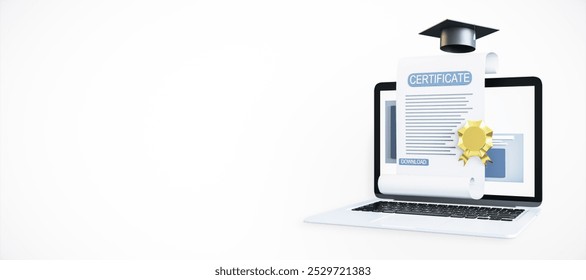 Laptop displays certificate with a graduation cap. 3D Rendering - Powered by Shutterstock