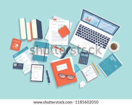 Laptop with documents and report. Information with graphs and graphs on the screen. Financial Auditing reporting.
Audit, research, accounting, analysis concept. Web and online mobile service. Raster 