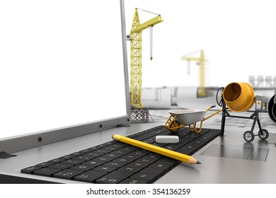 The laptop with empty screen and object for construction. Blueprints and safety helmet over a table in construction site. - Powered by Shutterstock