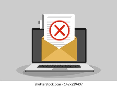 Laptop And Envelope With Rejected Letter. Email With Rejected Header, Subject Line.College Rejected Admission Or Employment, Recruitment Concepts. Modern Flat Design Illustration