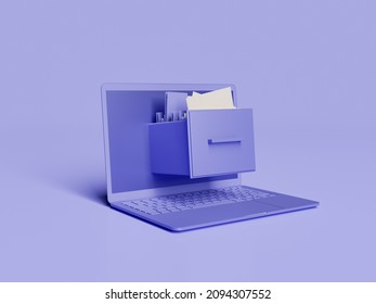 Laptop With A Filing Cabinet Coming Out Of The Screen And Documents Inside. Color Of The Year 2022 Very Peri. 3d Rendering