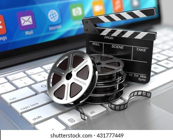 Laptop, Film And Clapper Board - Video Icon. 3d Rendering
