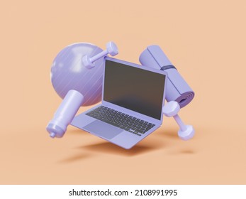 Laptop With Fitness And Yoga Accessories Floating Around. Color Very Peri. Concept Of Exercise, Home Gym, Online Training And Healthy Living. 3d Rendering