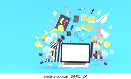 Laptop floating amidst coffee, glasses ,stationery and light bulb on blue background.-3d render. - Powered by Shutterstock