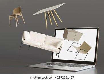 Laptop With Flying Furniture. Shopping Online. Furniture Shop, Interior Details. Furnishings Sale Or Interior Project Concept. Buy Sofa, Table, Chair, Commode Via Internet. E-commerce. 3D Illustration