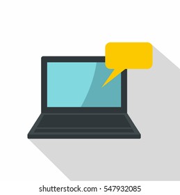 Laptop front view and speech bubble icon. Flat illustration of laptop and speech bubble  icon for web isolated on white background