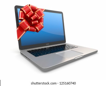 Laptop Gift. Bow And Ribbon On Screen. 3d