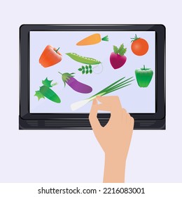 Laptop, hand chooses food on the screen - vegetables, bell pepper, eggplant, green peas, tomato - colorful  illustration. Concept for online food ordering, grocery delivery. - Powered by Shutterstock