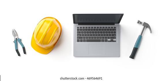 Laptop, Helmet And Construction Tools On White Isolated Background, Top View, 3D Rendering