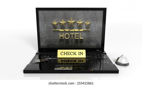 Laptop With Hotels Reception Items And Five Stars Hotel On Screen Isolated