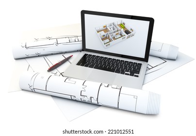 A Laptop With House Design Software On The Screen Over Plots And Technical Draws Isolated On White Background