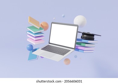 Laptop Mockup Empty White Screen Floating Graduation Cap And Book Learning Online Education Concept.on Pastel Background Minimal Cartoon, Website. 3d Render. Illutration