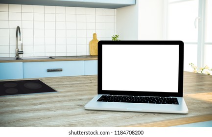 Laptop Mockup At The Kitchen 3d Rendering