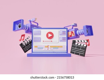 Laptop Mockup Movie Camera Video Editing And Cuts Footage Sound Music Via Computer Cartoon Cute Smooth On Pink Background, Motion, Vlog, Movie Clapper Board, 3d Render Illustration
