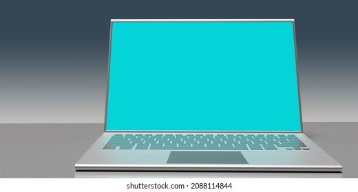 Laptop Mockup. An Open Laptop Stands With Its Screen Facing The Viewer. Space For Text On The Screen. Laptop On A Gray Background. A Portable Computer In A Silver Case. 3d Image