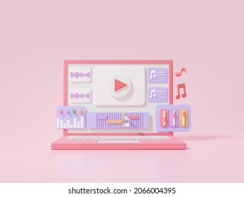 Laptop mockup Sound Music Video Editing and Cuts Footage via computer monitor Cartoon Minimal cute smooth on pink background, motion, vlog, movie, 3D render illustration